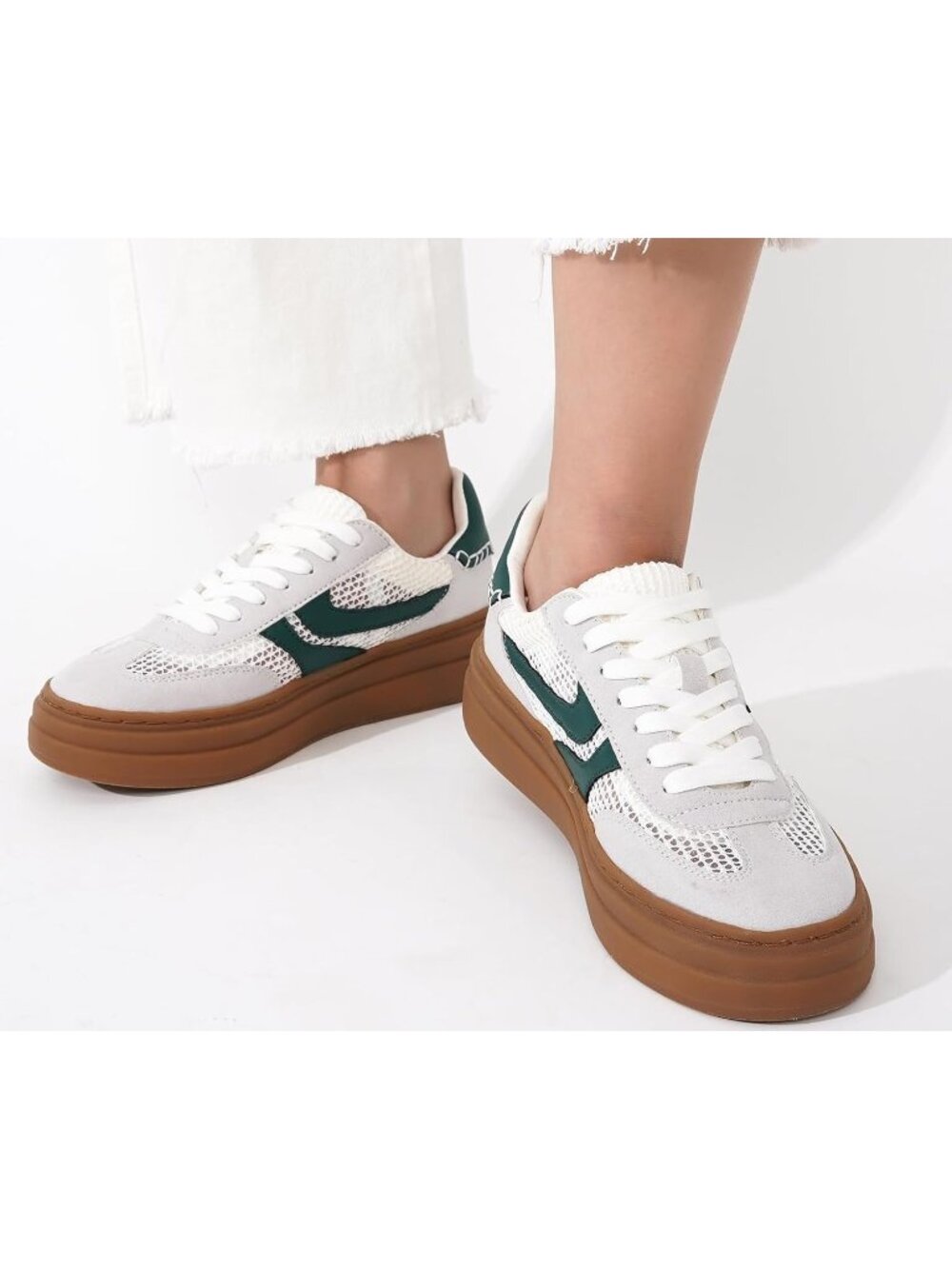 Women's White-green Stripe Lace-up Shoes Memory Insole Casual Platform Sneakers - Picture 2 of 6